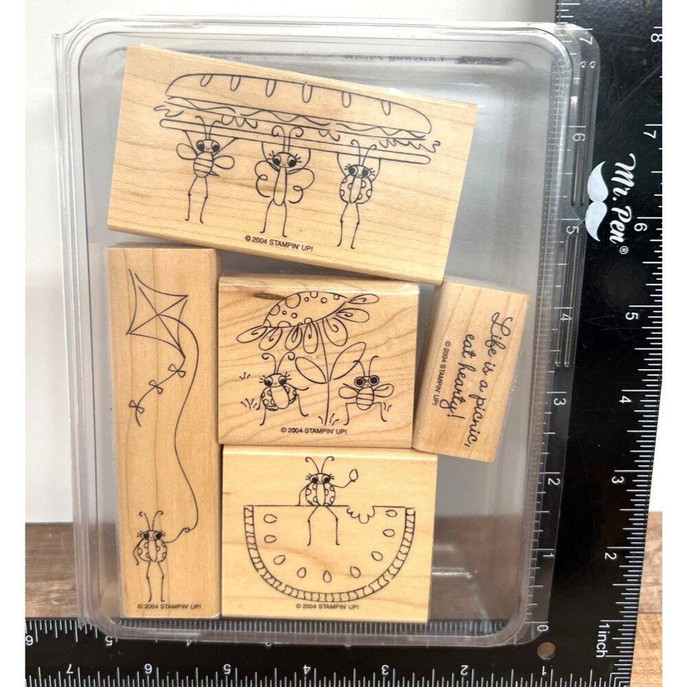 2004 STAMPIN' UP! Ladybug Picnic Wood Mounted Rubber Stamp set of 5